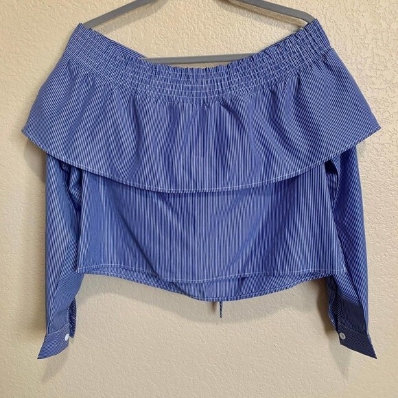 Boohoo top Blue striped Bardot crop top cuffed sleeve size 8 - Picture 6 of 11
